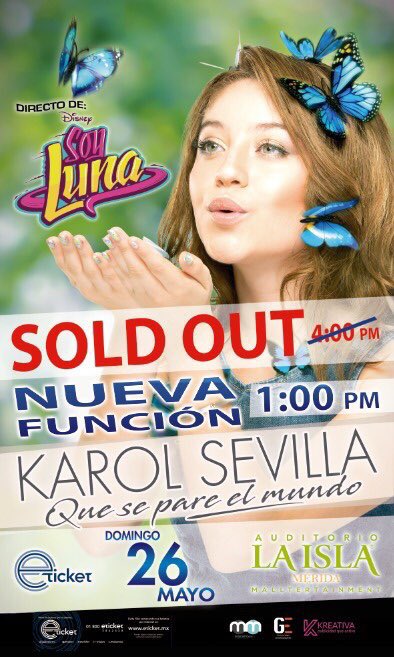 ¡Gente linda de Mérida! HA LLEGADO EL DÍA

Hoy dos funciones en Auditorio de Plaza La Isla: 1:00pm &amp; 4:00pm
Hermoso tener a <a href="/karolsevilla/">KAROL SEVILLA</a> en una de nuestras ciudades natales.
¡No se lo pueden perder!🦋 

Todavía pueden adquirir sus entradas en eticket.mx/eventos.aspx?i…
