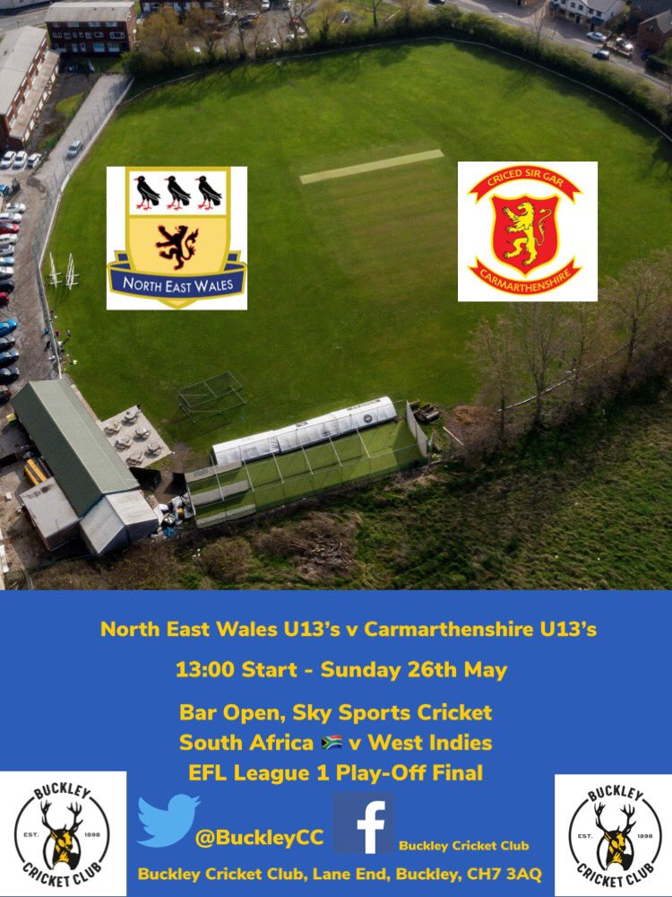 BuckleyCC's tweet photo. Today at the club. 
@NEWalesCricket v @CricedSirGar U13’s. Match starts at 1pm 
Plenty of sport on the big tv! Bar open #bcc https://t.co/f47pfBwBu8
