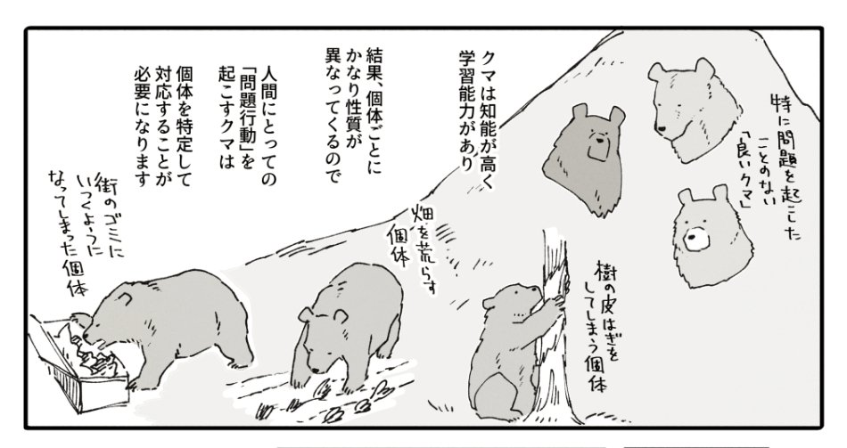 以前も少し里山の熊について調べてみたりしましたが、ポイントは
「山から熊の数を減らすのではなく、問題の熊を特定して対処」すること、
動物が「悪い学習(人間の食べ物の味を覚えたり」をしてしまわないよう最大限気をつけること、
野生動物… 