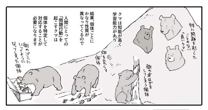 以前も少し里山の熊について調べてみたりしましたが、ポイントは
「山から熊の数を減らすのではなく、問題の熊を特定して対処」すること、
動物が「悪い学習(人間の食べ物の味を覚えたり」をしてしまわないよう最大限気をつけること、
野生動物… 