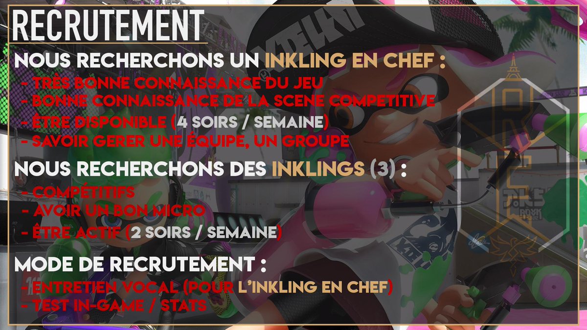 TeamRebirth__'s tweet photo. 📢 #RECRUTEMENT

La @TeamRebirth__ recrute aussi des joueurs #Splatoon2 !

Si vous êtes intéressés, envoyer nous un message privé ou rejoignez notre discord et envoyer un message au Staff ! (https://t.co/eRUnHLOyyU )

*Info supplémentaire : Rank A- minimum. https://t.co/6ORYHMvT8P