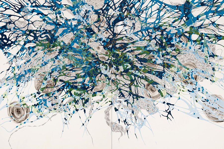 KingstonArtists's tweet photo. Critics are raving about Lynda Schlosberg's current show, #FrequencyTuning. @BostonGlobeArts says, "...lolling, inky whirlpools punctuate a riotous web of colors that turn space on its head again. They gaze out at us. They beckon us to stay & gaze right back." See it today 12-5pm https://t.co/R4vqb8cVoq