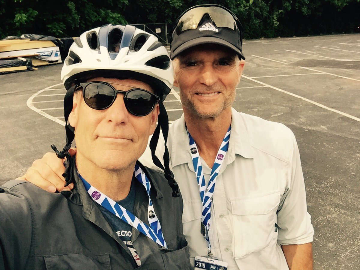 John_Tuohy's tweet photo. Will Higgins (L) and Kevin McKinney bike to Indy 500. The former ⁦@indystar⁩ wordsmith, raconteur and unofficial track historian and his pal, publisher of ⁦@NuvoIndy⁩, have biked to track 15 straight years, long before it was cool. https://t.co/qpzHORYITq