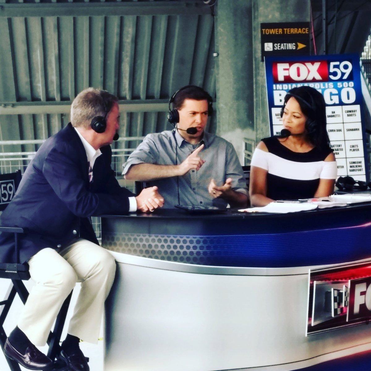 FOX59's tweet photo. Behind the scenes w @DanSpehler @FanchonStinger @IndyMayorJoe
#Indy500 #fox59at500 #Fox59 https://t.co/Z5RxOzqOgN