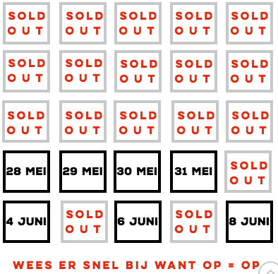 Het had niet beter gekund. We zijn bijna volledig uitverkocht! 25 shows maar liefst. Zoals je ziet zijn er nog een paar plekjes over, dus wees er snel bij!