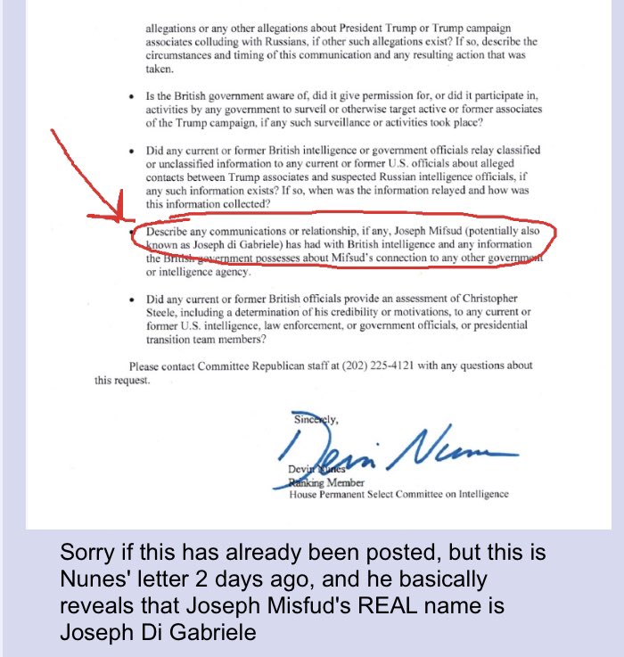 Nunes' letter reveals Misfud's real name: Joseph Di Gabriele!!Anon notable!! @realDonaldTrump