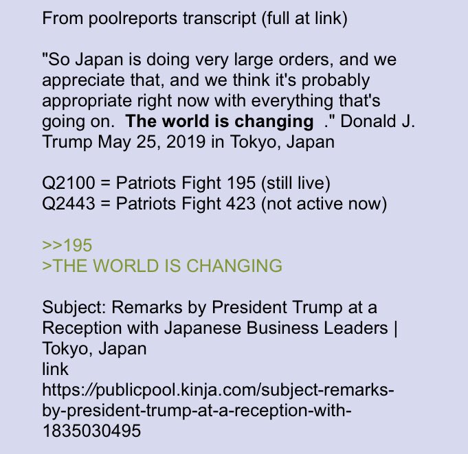 POTUS said, "The world is changing": matches line in Q2100 and Q2443!! https://publicpool.kinja.com/subject-remarks-by-president-trump-at-a-reception-with-1835030495Anon notable!! @realDonaldTrump