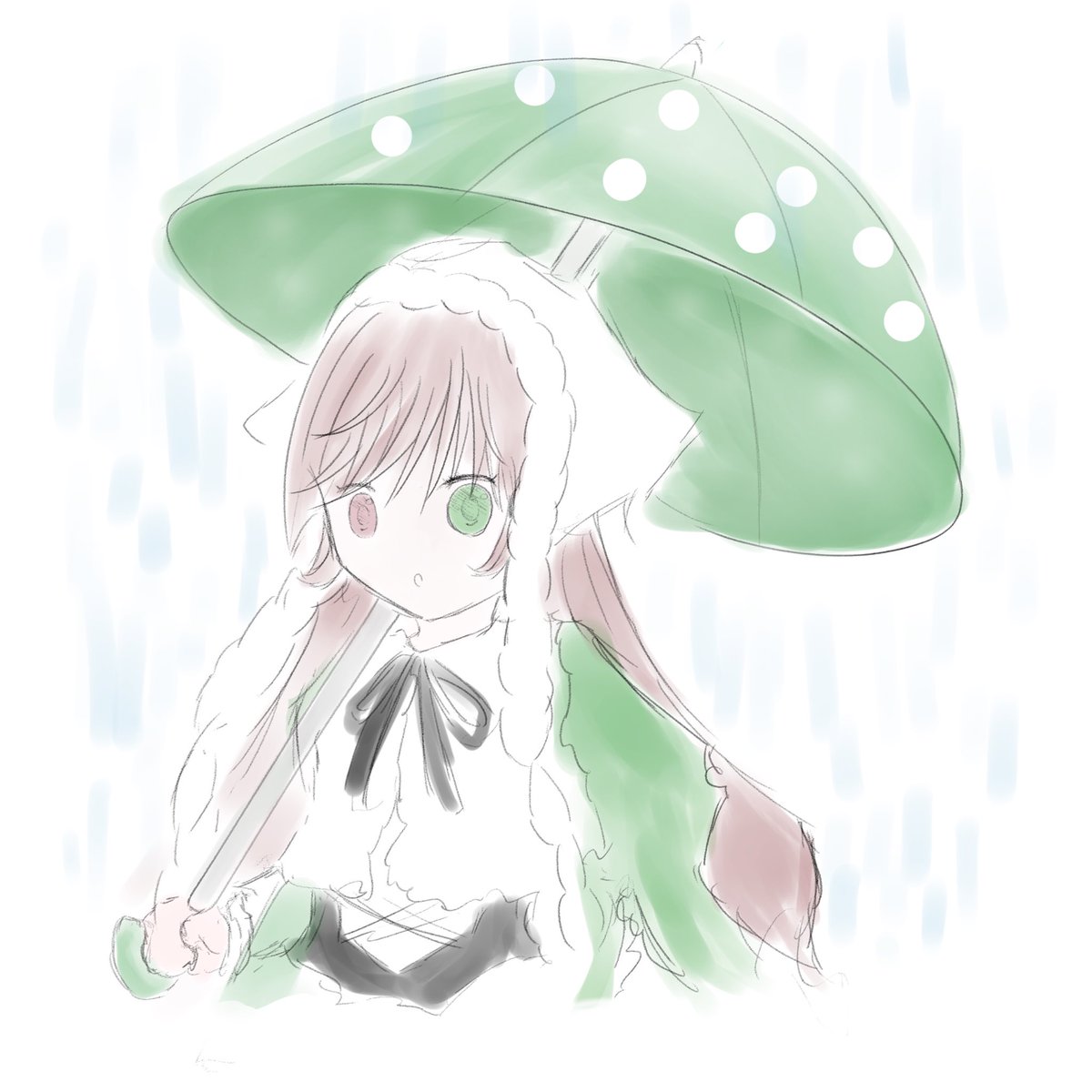 miico1015's tweet photo. #ローゼンメイデン版深夜の真剣お絵描き60分一本勝負
翠星石＋水玉模様の傘 https://t.co/hdjRpoo89e
