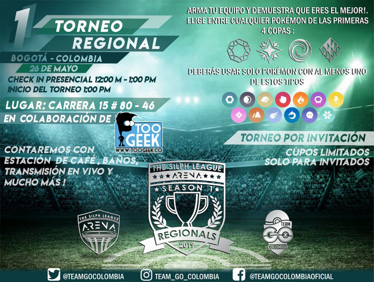 teamgocolombia's tweet photo. 🏆Ha llegado el gran día!! 🏆

Hoy #TorneoRegional en Bogotá, Colombia !

Estamos ansiosos de saber quién será el campeón de este gran Torneo, que nos representara en el Campeonato Mundial del @SilphGG

Recuerda:

12-1 PM Check-in
1:00 PM Inicio del Torneo!

Ahora nos vemos!! 😄 https://t.co/bRs0011OKr