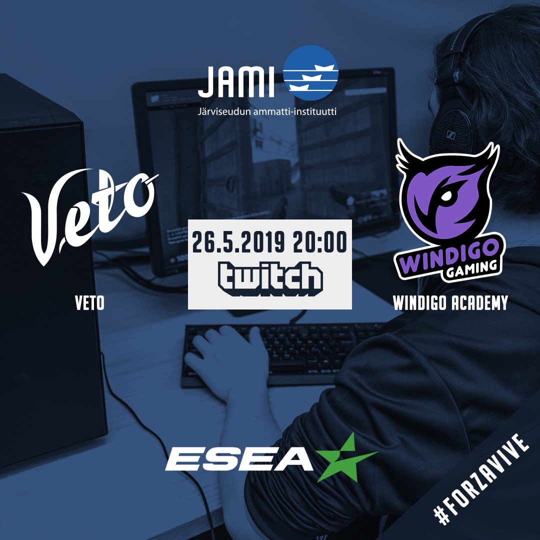 VetoEsports's tweet image. Ennen Suomen matsia veto.gg tai twitch.tv/vetoesports ehdottomasti auki kun VETO kohtaa Windigo Academyn 20.00‼️
✖️
🏆 ESEA Main
📺 
📅 26.5.2019
⏰ 20:00
✖️
✖️
#forzavive #vetovoimaa #vimpelspulling #esportsfi