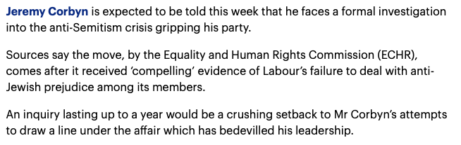 The Mail on Sunday is reporting that the Equality and Human Rights Commission (EHRC) will launch a formal statutory investigation into the Labour Party's handling of antisemitism. If accurate, what is going to happen next? https://www.dailymail.co.uk/news/article-7071183/Corbyn-face-formal-probe-anti-Jewish-allegations.html(Short thread)