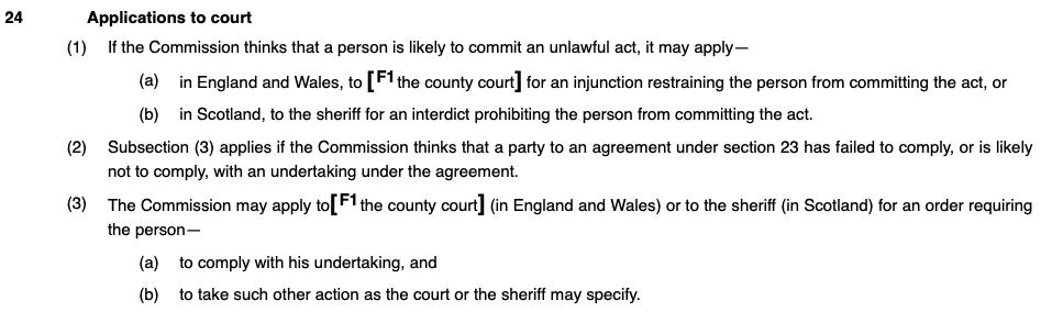 The EHRC can enter into an agreement with an organisation to change its behaviour. If it doesn't comply the EHRC can, in principle, apply to a court to compel the organisation to comply /9  https://www.legislation.gov.uk/ukpga/2006/3/section/24