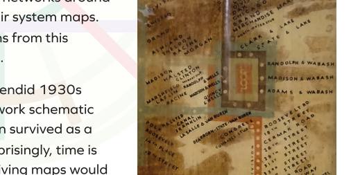 JBPiggin's tweet photo. Rare 1st #map of '30s Chicago subway "survived as a decalcomania transfer attached to glass and, not surprisingly, time is not kind to such artefacts". Maxwell Roberts on preserving precious historic visualizations https://t.co/pPNXxJWP8x #digitalhumanities https://t.co/N5feDPzuA4