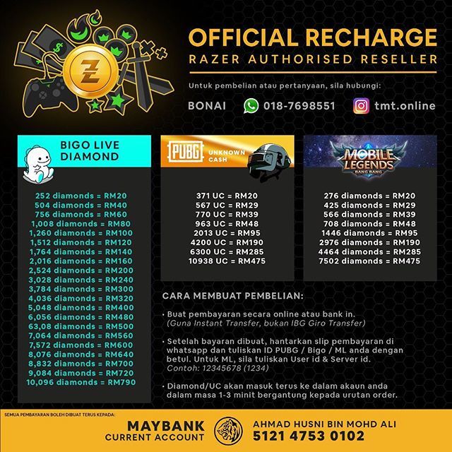 instasewa's tweet photo. PRICELIST TERBARU
.
🎁 Official recharge untuk:
• PUBG
• Bigo Live
• Mobile Legends
.
Dijamin servis pantas &amp; memuaskan!
.
❌ Tak perlu maklumat login &amp; password!!
.
✅ Selepas pembayaran, hanya whatsapp kami ID sahaja. Diamond/UC akan terus masuk k… https://t.co/2zp3mMB57q https://t.co/PUqpUUE7iR