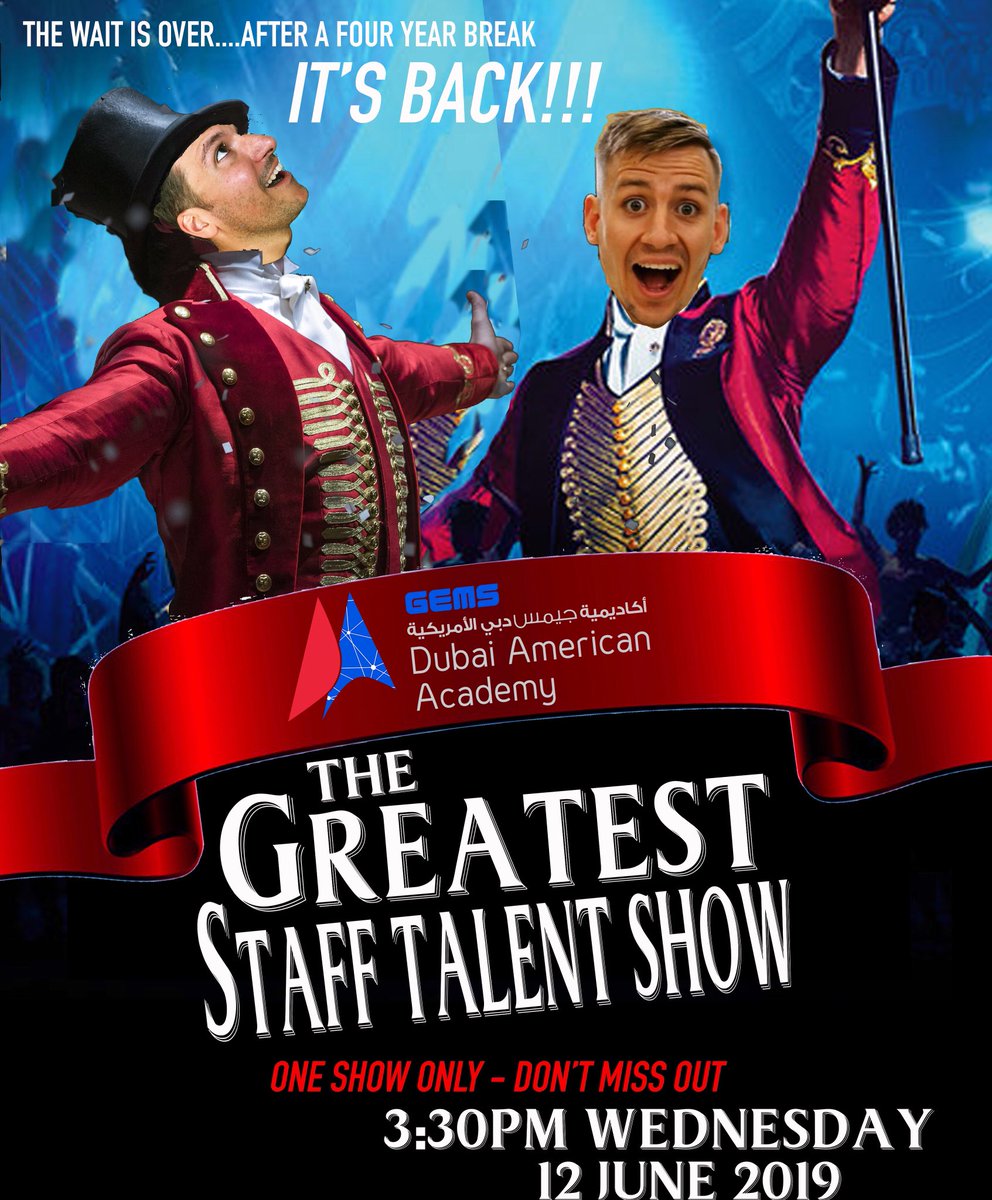 gems_daa's tweet photo. The wait is over! After a 4 year break the DAA Staff Talent Show is back!  One show only on June 12 at 3:30pm. A cast of teachers, support staff and admin will be showcasing their talents in a spectacular performance! Don’t miss out, as this show sells out! #DAABestYearEver https://t.co/5WIxd6vlxx