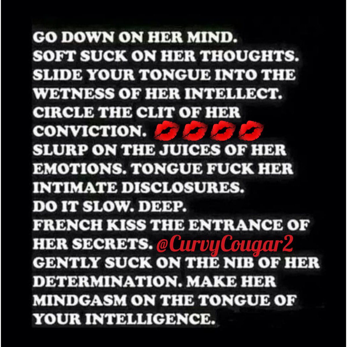CurvyCougar2's tweet photo. Seduction Quote
#seduce #seduction #sexy  #intellect #PLEASE #retweet #wet #determination #quote #quotes #secret #tongue #conviction #emotions #mindgasm #thoughts #suck #kiss #slirp #fuck #juices  #romance #mindbodyspirit #romantic #intimate #kiss #kisses #intelligence #wetness https://t.co/NIpL1dSNjh