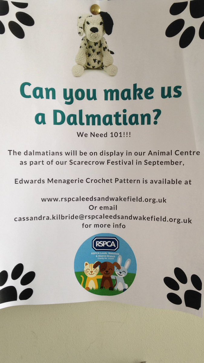 RSPCALeedsWakey's tweet photo. What a lovely day for staying inside with a cuppa and a crochet hook! #101dalmatians #edsanimals #edsdogs can you make us a Dalmatian? https://t.co/fT2BHdThNt