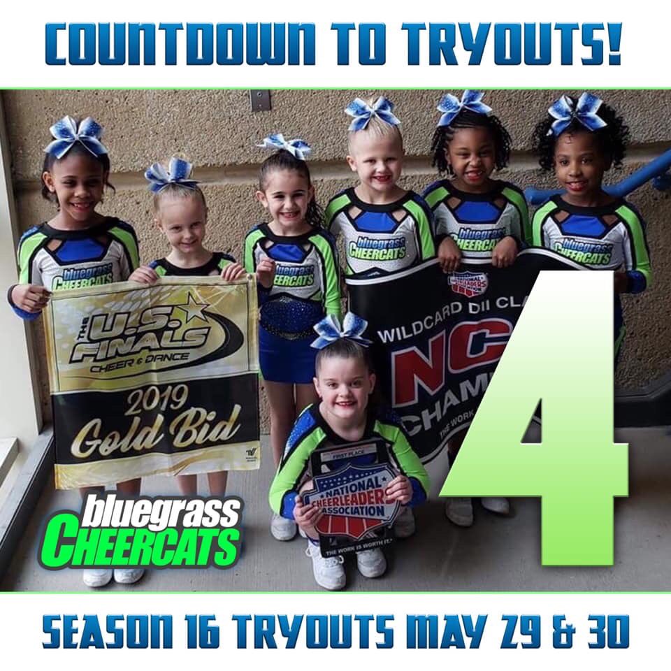 Cheercats's tweet photo. Only 4 more days until season 16 tryouts! 
We build champions on and off the mat. This is our clear goal as we coach our athletes. We want them to know that being a good cheerleader is awesome, but it is more important that they are good people! https://t.co/lJjRMlVhSX
