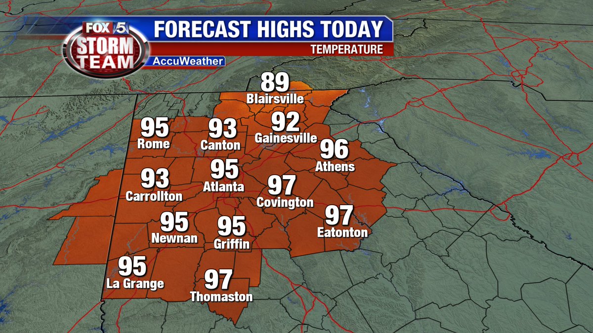 Ryanbeesleywx's tweet image. 5/26/19 FORECAST High Temperatures: #Atlanta will likely have record-breaking heat this afternoon and areas south and east of #ATL will flirt with 100° @fox5atlanta