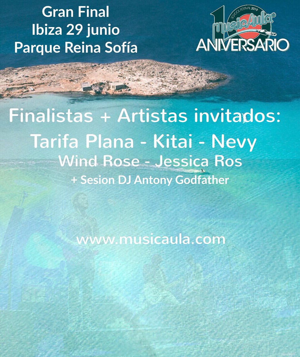 MusicAula's tweet photo. Sol, mar, buen rollo y mucho #Rock 🤘🏻
Gran Final #musicaula2019 - 29 junio #Ibiza #ParqueReinaSofia 
Con pre-fiesta Balearia travesía Denia-Ibiza 
Atentos que en breve sorteamos billetes para que vengas a disfrutar de esta gran evento!! https://t.co/P4p46vP40e