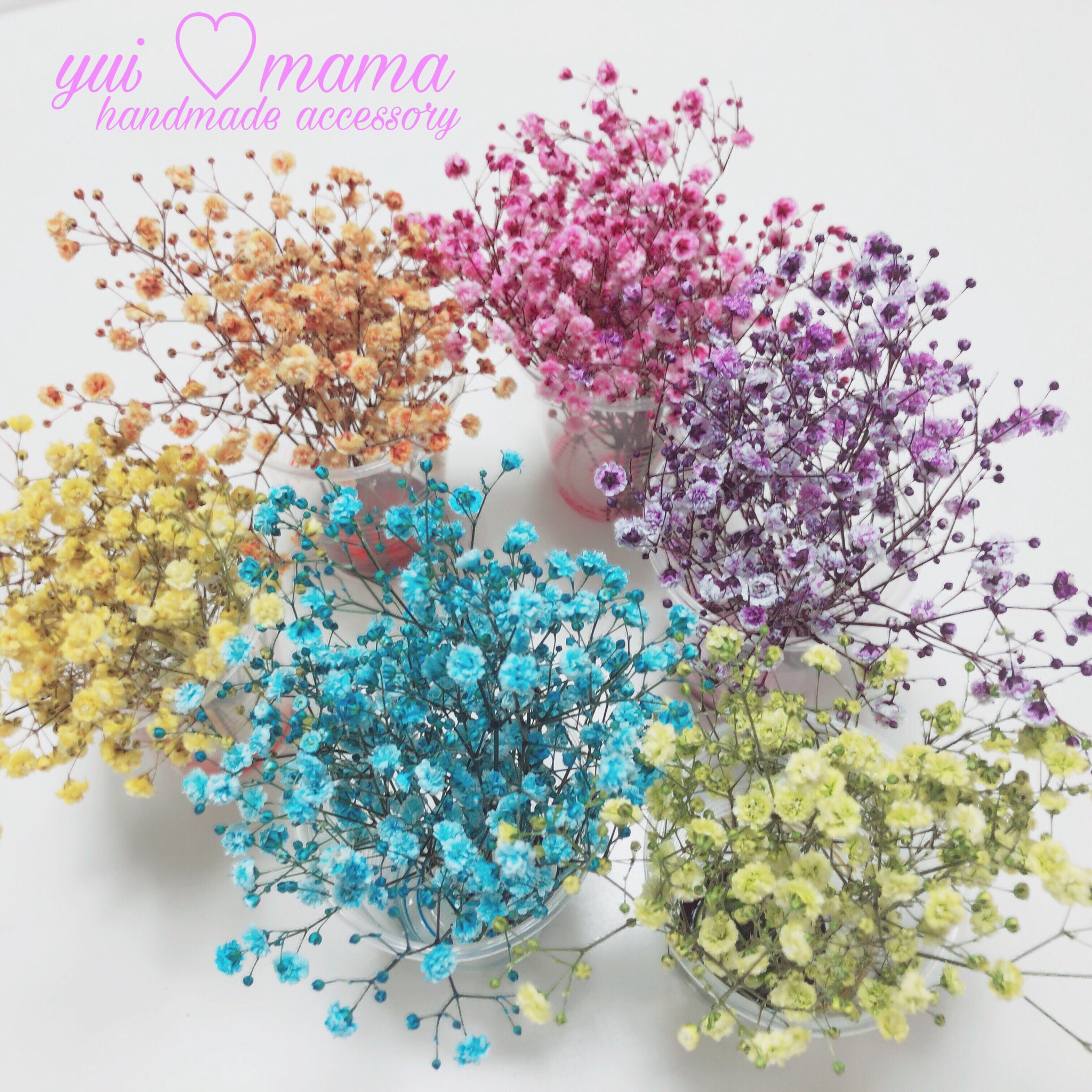 ট ইট র Yui Mama かすみ草の色つけ完了しました オレンジ ピンク パープル イエロー ブルー グリーン 各粒枝付き6色で合計1粒枝付きで販売しております 価格500円 送料別 お気軽にdmにお問い合わせくださいませ ドライフラワー かすみ