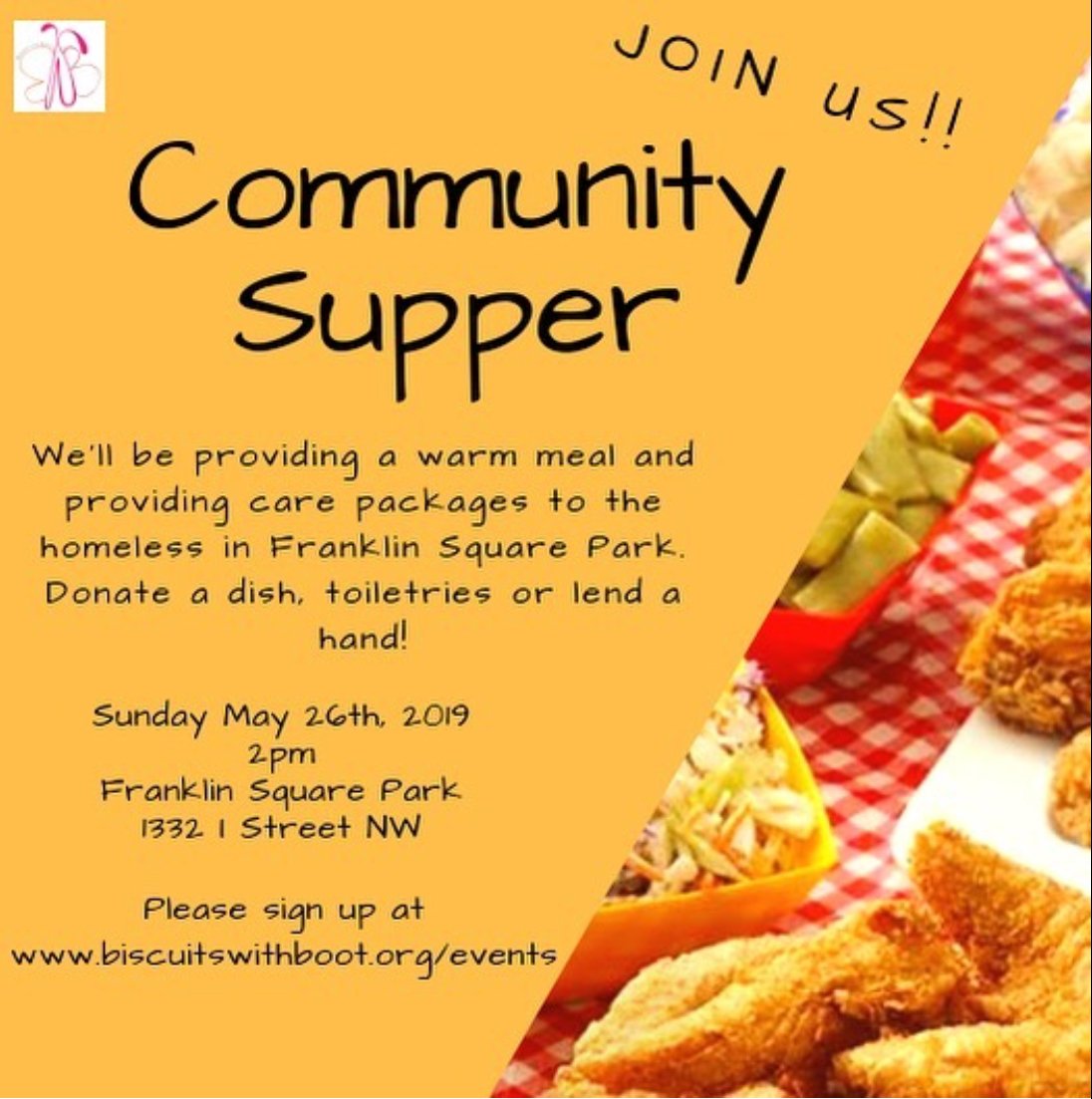 BiscuitsWBoots's tweet photo. TODAY at 2! Come out and do something for someone else!! Sign up at the link in bio to volunteer, bring a dish or to just lend a hand.  We can always use individual waters/sodas/juices  and paper goods #CommunitySupper #GivingBack #biscuitswithboots🦋🦋🦋 https://t.co/WYnVJrqefS
