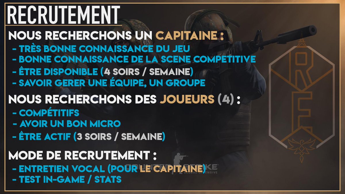 TeamRebirth__'s tweet photo. 📢 #RECRUTEMENT

La @TeamRebirth__ recrute des joueurs #CSGO ! 

Si vous êtes intéressés, envoyer nous un message privé ou rejoignez notre discord et envoyer un message au Staff ! (https://t.co/eRUnHLOyyU)

*Info supplémentaire, nous recherchons des Master Guardian Elite minimum! https://t.co/Y6zNxOSp5c