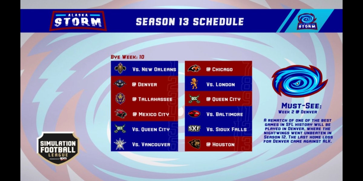 SFL_Storm's tweet photo. Our season 13 schedule is out. We begin by hosting @NPharaohs on July 6th. We can't wait!
#StormWarning
#runforcover
#questfor4
#footballinjuly
#makeanimpact
@simulationfl https://t.co/tTv16SYZxD
