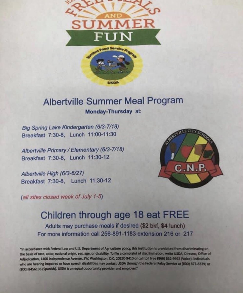 AdventureAcaAPS's tweet photo. Albertville City Schools Summer Meal Program!!!! https://t.co/4sS9vNNj2y