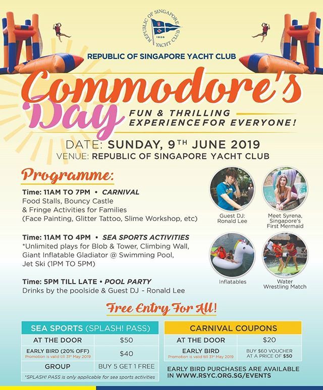 rsycsg's tweet photo. This year, Commodore's Day is back on 9th June 2019 and we are featuring a Summer Fun Carnival, an all-day play carnival for the family. It aims to encourage laughter, bonding and outdoor fun! 
Come join us for a day of festivities, fun and enticing food… https://t.co/yCM6AwdUUJ https://t.co/Ynx7li9lsa