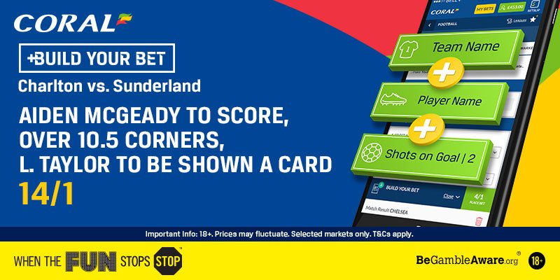 Coral's tweet photo. Fancy this #BuildYourBet ahead of today's play-off final!?
✅McGeady to score
✅Over 10.5 corners
✅Lyle Taylor to be shown a card
14/1!
Back this or #BuildYourBet here: https://t.co/eKIevyyVFR https://t.co/yQDJlvQUb4