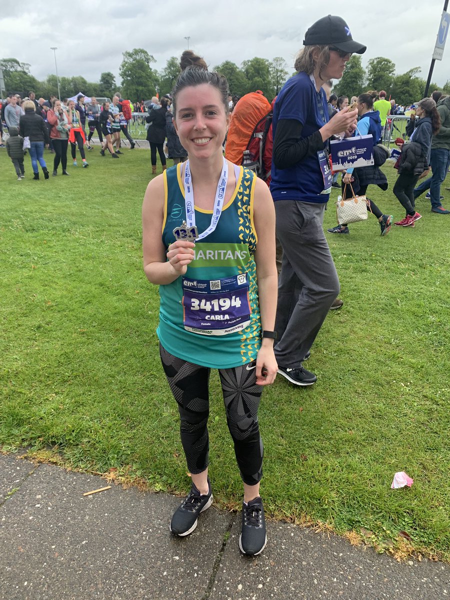 Carlamdunn's tweet photo. Chuffed to have ran my first half marathon in just under 2hrs 17mins and raised more money for a fantastic cause #EMF #teamsamaritans https://t.co/wZul0y7s52