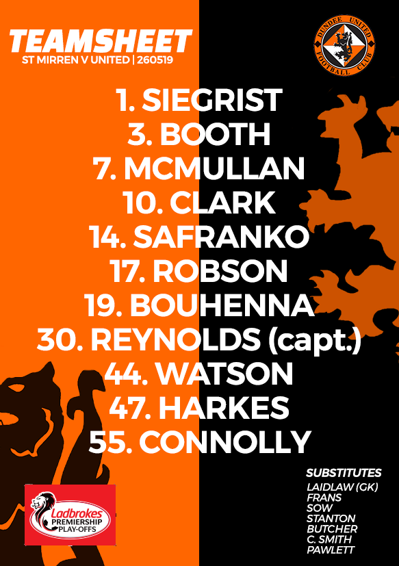 dundeeunitedfc's tweet photo. Utd team: Siegrist, Booth, McMullan, Clark, Safranko, Robson, Bouhenna, Reynolds, Watson, Harkes and Connolly. Subs: Laidlaw, Frans, Sow, Stanton, Butcher, C Smith and Pawlett. #Everything 🧡🖤 https://t.co/5ksMNmQqkF