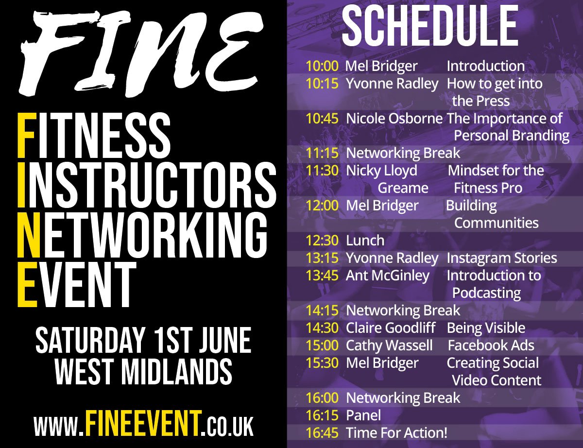 Fitness Instructors!! Group Exercise Brands!
Next weekend is the Fitness Instructors Networking Event (FINE) in the West Midlands. Sponsored by <a href="/EMDForLife/">EMD UK</a> <a href="/FullFit001/">FullFIT</a> and <a href="/Nutmad_/">Nutmad</a> 
Learn from some of the top speakers from the Digital, Social, and Traditional Marketing arenas