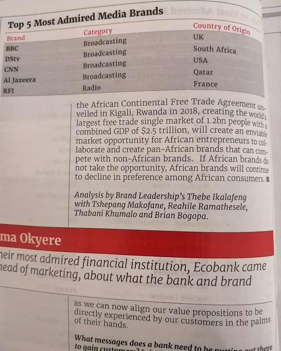 Thaboh_Khumalo's tweet photo. I got to be part of the @brandafrica team to analyze the most admired brands in Africa. Some expected results, some not so much. Made in Africa brands contributed only 14%. 

I guess the call increases for brands like @skinnysbusocks, @EthnikbyTO, @tshepoJeans to make their mark! https://t.co/be8ILPEwyw