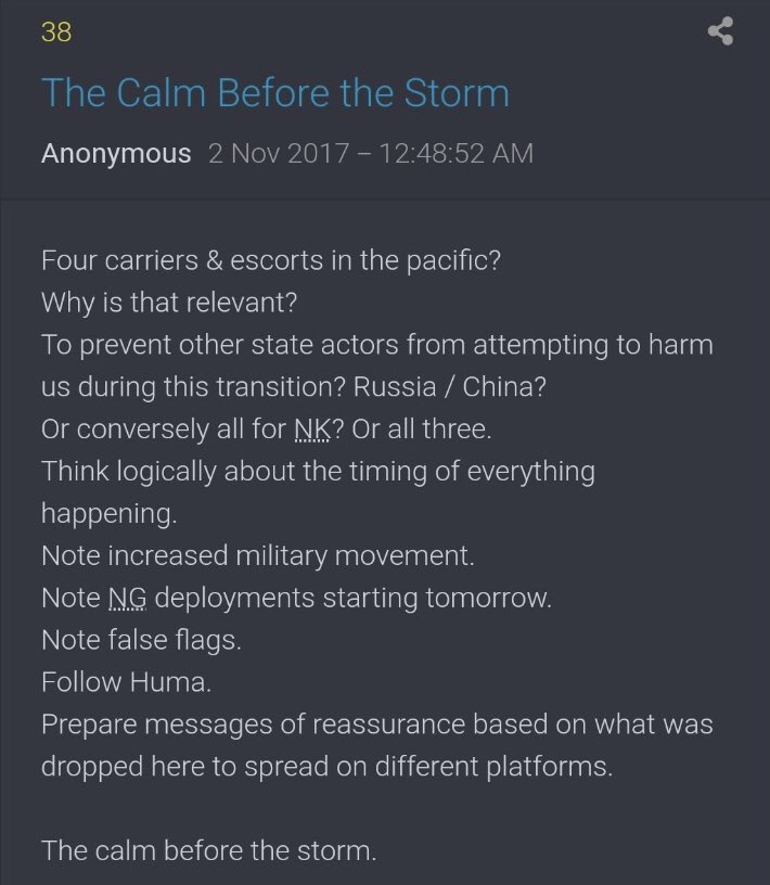 President Trump’s Tweets!!6. 8:26:12 EST [38] @realDonaldTrump Note increased military movement. Note NG deployments starting tomorrow....Prepare messages of reassurance based on what was dropped here to spread on different platforms. The calm before the storm.Q