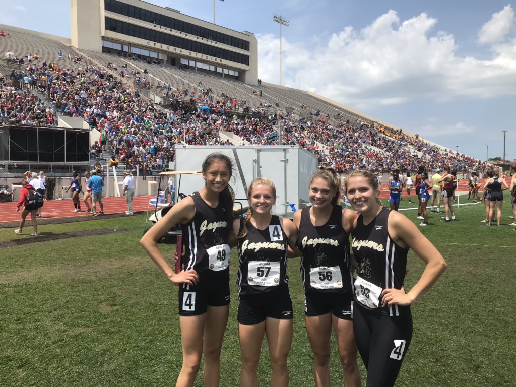 🏆STATE CHAMPION🏆 

5A Girls 4x400—  Andover Central 4:02.27. Third fastest time in the entire state this year in all classes.
Peyton Vincze, Kinsley Ochsner, Brittany Harshaw, Hannah Wiebe