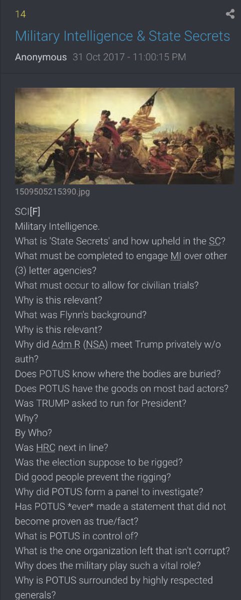 President Trump’s Tweets!!7. 8:40:07 EST [14] @realDonaldTrump Narrative.THREAT.QSCI[F]Military Intelligence.What is 'State Secrets' and how upheld in the SC?What must be completed to engage MI over other (3) letter agencies? What must occur to allow for civilian trials?