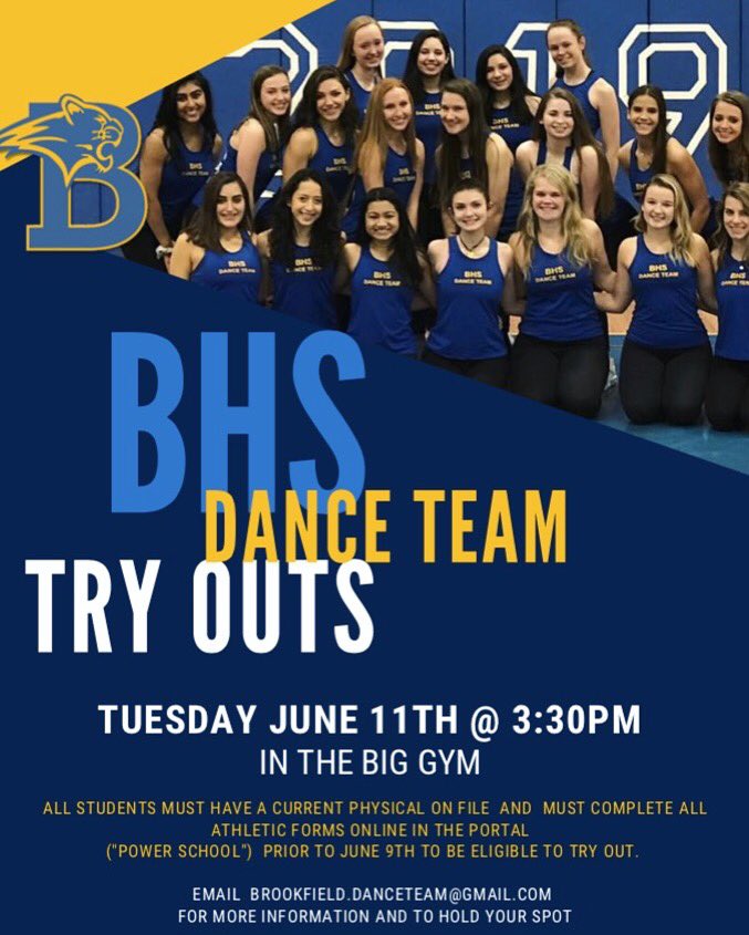 bhsdteam's tweet photo. We’re getting ready for our 2019-2020 season!! Tryouts are June 11th - Check out all the details on our flyer💛💙 We are beyond excited for new members and amazing coaches! #dt4l https://t.co/pOSlB1ZEob