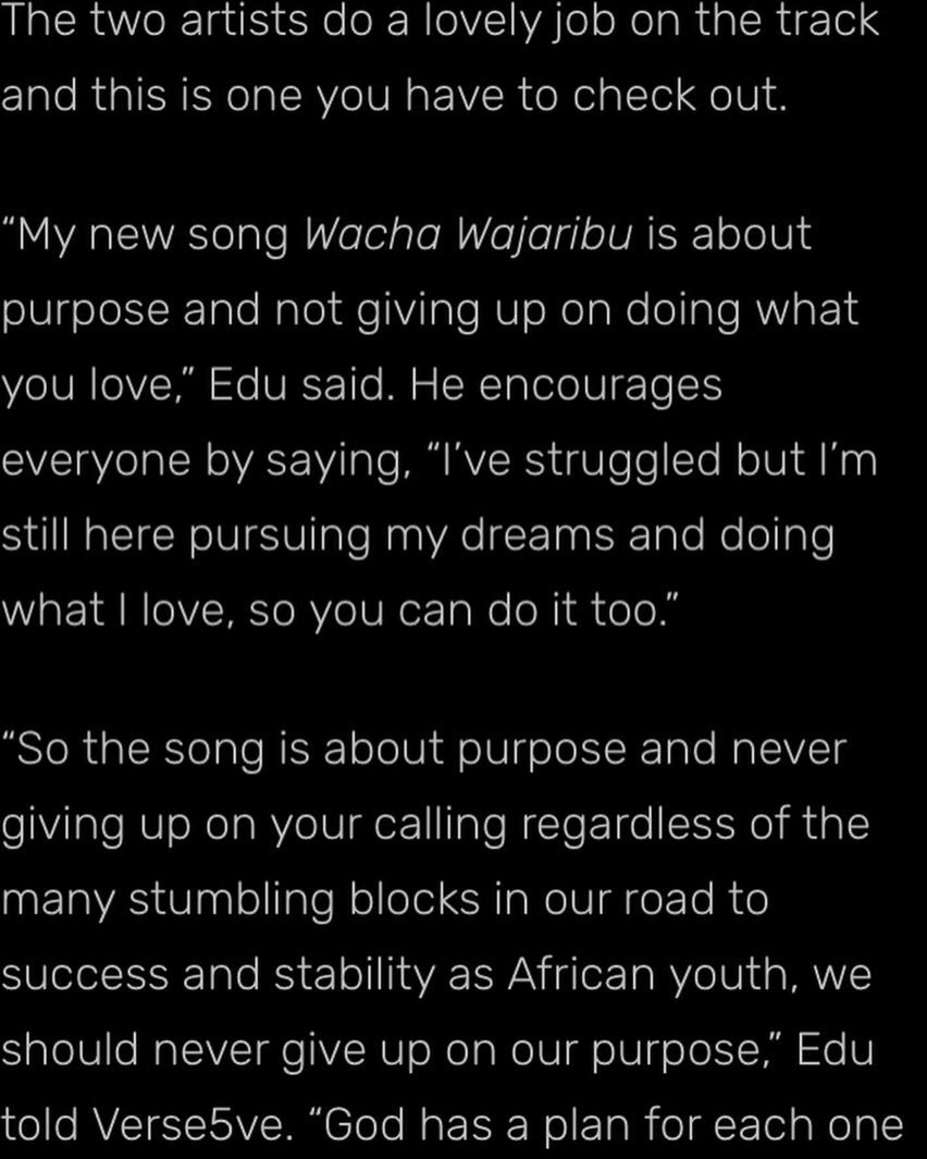 eduu_szn's tweet photo. Up on @verse5ve website, thanks guysss 🙏🏿 Insights on my new single ‘Wacha Wajaribu’ feat Kavi Mlamba 💥
The video is live on YouTube, follow this link to watch 
https://t.co/tcXy8ujFDb #wachawajaribu #Edutherapper https://t.co/IRC8uu8CKL
