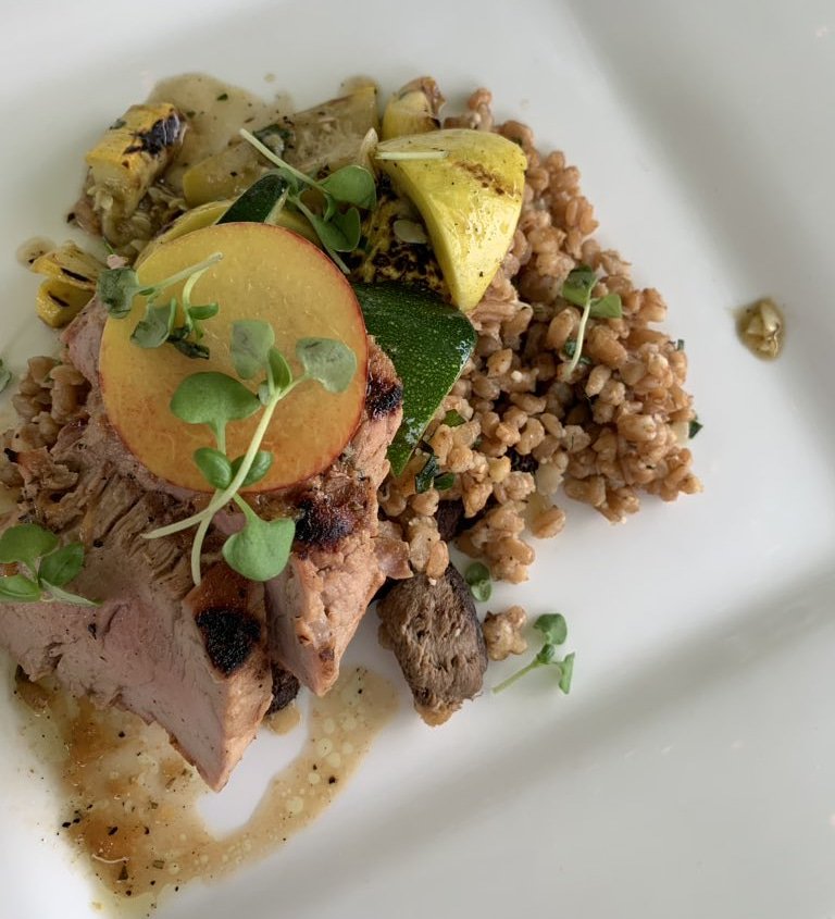 Third course Peach and Dijon crusted pork tenderloin with baked farro and mushrooms, squash medley, micro basil. #infusions #infused_table #platted  #onsitecatering #tastethelove #Goodfood