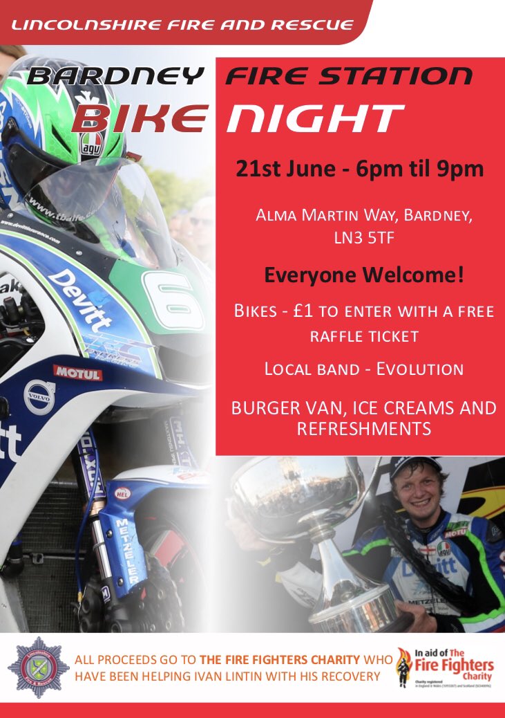 Bardney Fire Station (@bardneyfire) on Twitter photo Bardney Fire Station’s bike night 21st June. Raising money for <a href="/firefighters999/">Fire Fighters Charity</a>, Bardney firefighter and TT star <a href="/Lintinracing/">Ivan Lintin</a> has visited the charity following his accident in the Southern 100 last year. The centre has really helped in the process of getting him back on his feet Bardney Fire Station’s bike night 21st June. Raising money for <a href="/firefighters999/">Fire Fighters Charity</a>, Bardney firefighter and TT star <a href="/Lintinracing/">Ivan Lintin</a> has visited the charity following his accident in the Southern 100 last year. The centre has really helped in the process of getting him back on his feet