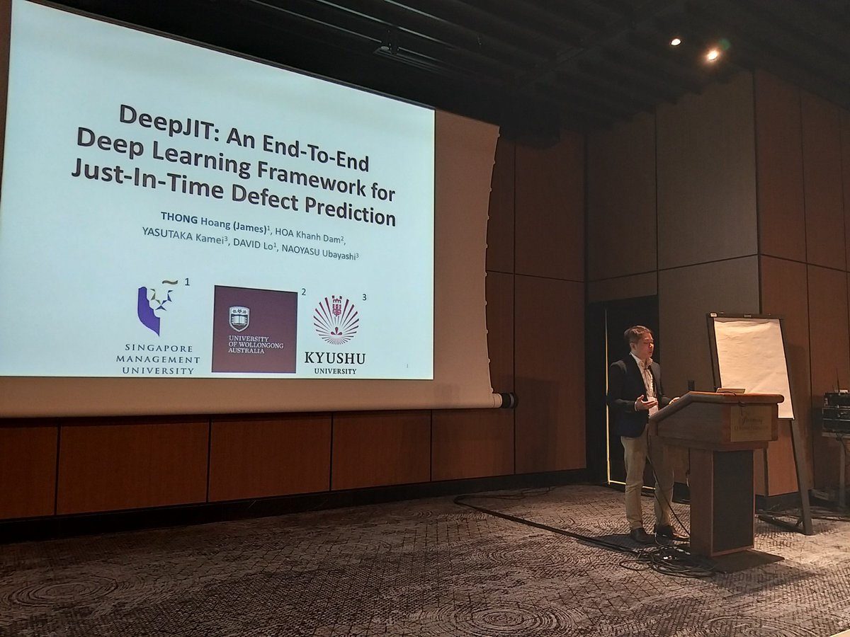 davidlo2015's tweet photo. James Hoang is presenting his first MSR talk on "DeepJIT: An  End-To-End Deep Learning Framework for Just-In-Time Defect Prediction". Paper and code are available from: https://t.co/4NPQXvil5i https://t.co/buRStNCugW