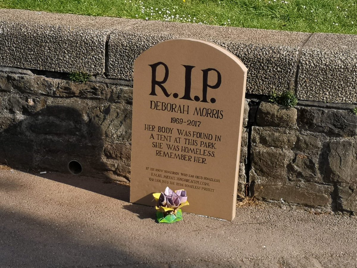 Michael_Yong's tweet photo. I don’t know who is putting up these headstones around Bristol, but thank you for memorialising them this way. The headstones are stark reminders that those less fortunate are no lesser human beings. ❤️ https://t.co/FmRXLMLlz7