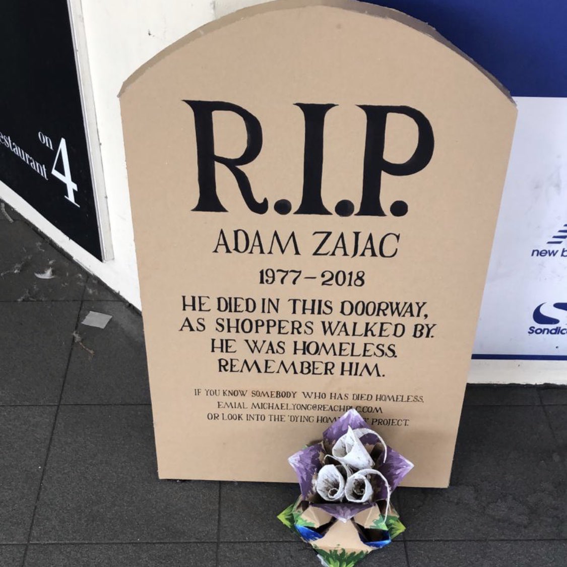 Michael_Yong's tweet photo. I don’t know who is putting up these headstones around Bristol, but thank you for memorialising them this way. The headstones are stark reminders that those less fortunate are no lesser human beings. ❤️ https://t.co/FmRXLMLlz7