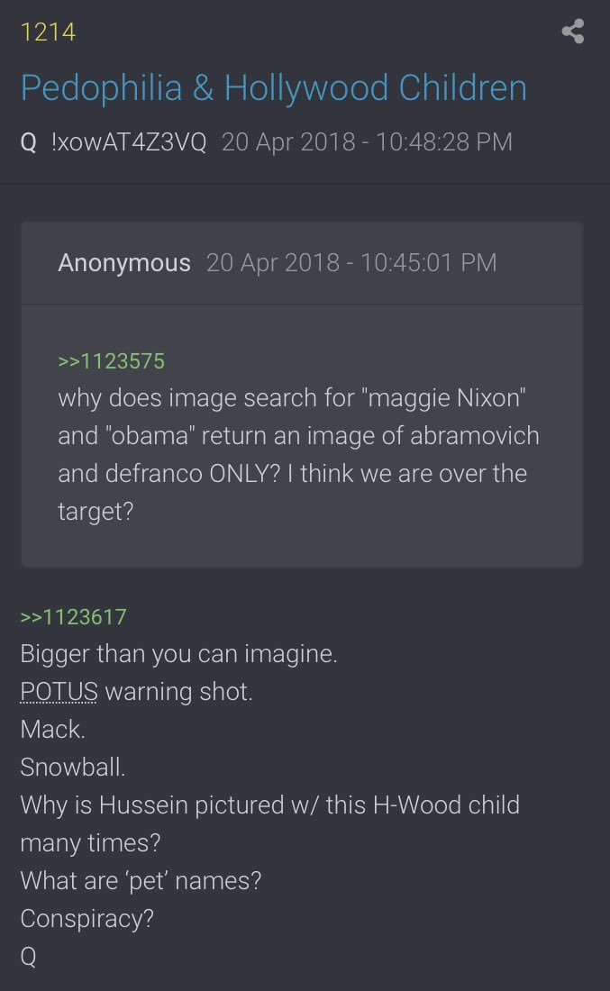 President Trump’s Tweets!!2. 12:14:52 EST [7] @realDonaldTrump Bigger than you can imagine.POTUS warning shot.Mack.Snowball.Why is Hussein pictured w/ this H-Wood child many times?What are ‘pet’ names?Conspiracy?Q*Also added Q from 1st tweet above.