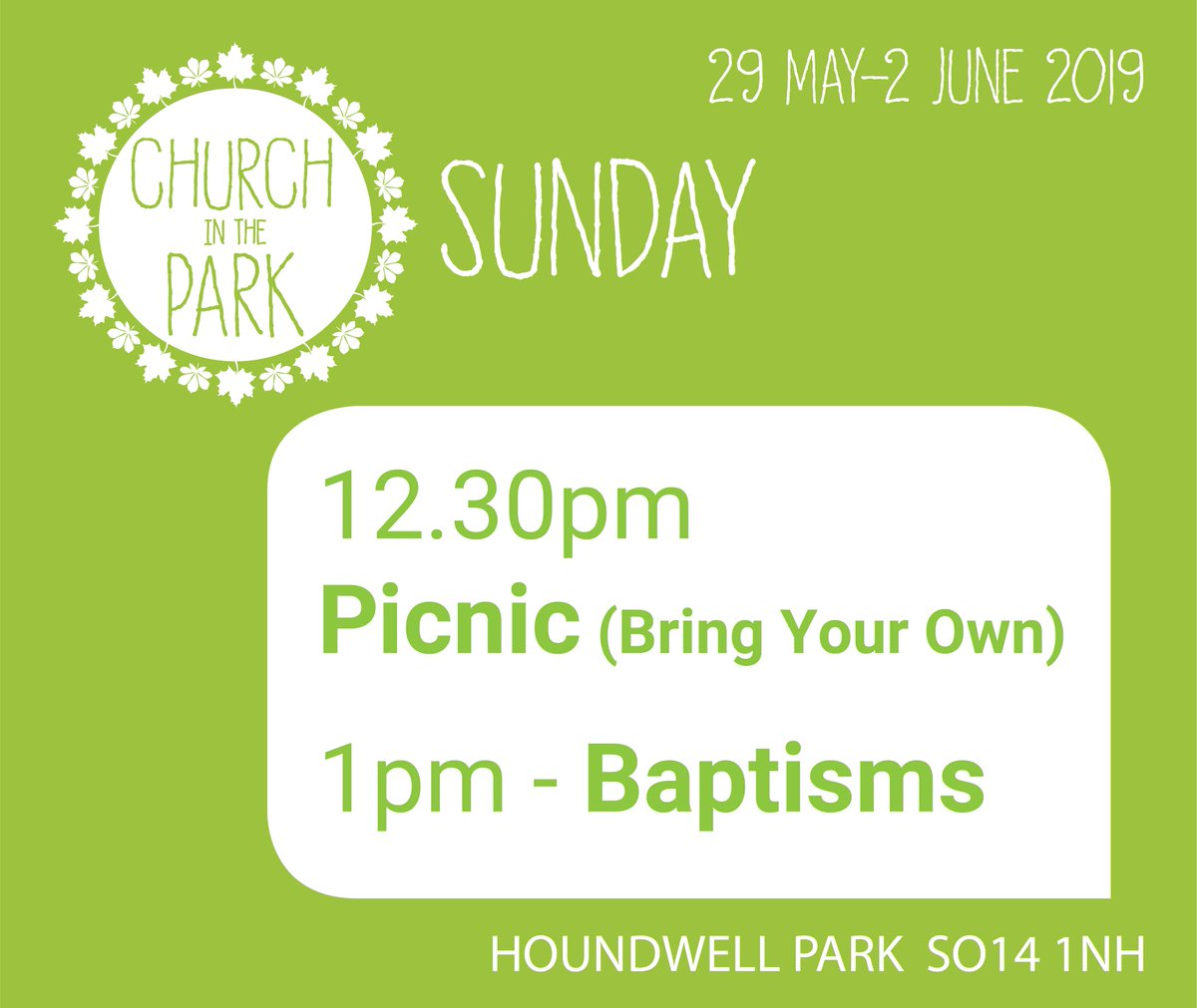 Next Sunday, 02 June at #CITP
In the morning Church services take place across the city.
Find a church: ow.ly/WJ9V50uo9tn
Join the picnic (bring your own) in Houndwell Park at 1pm, followed by public Baptisms at 1pm.