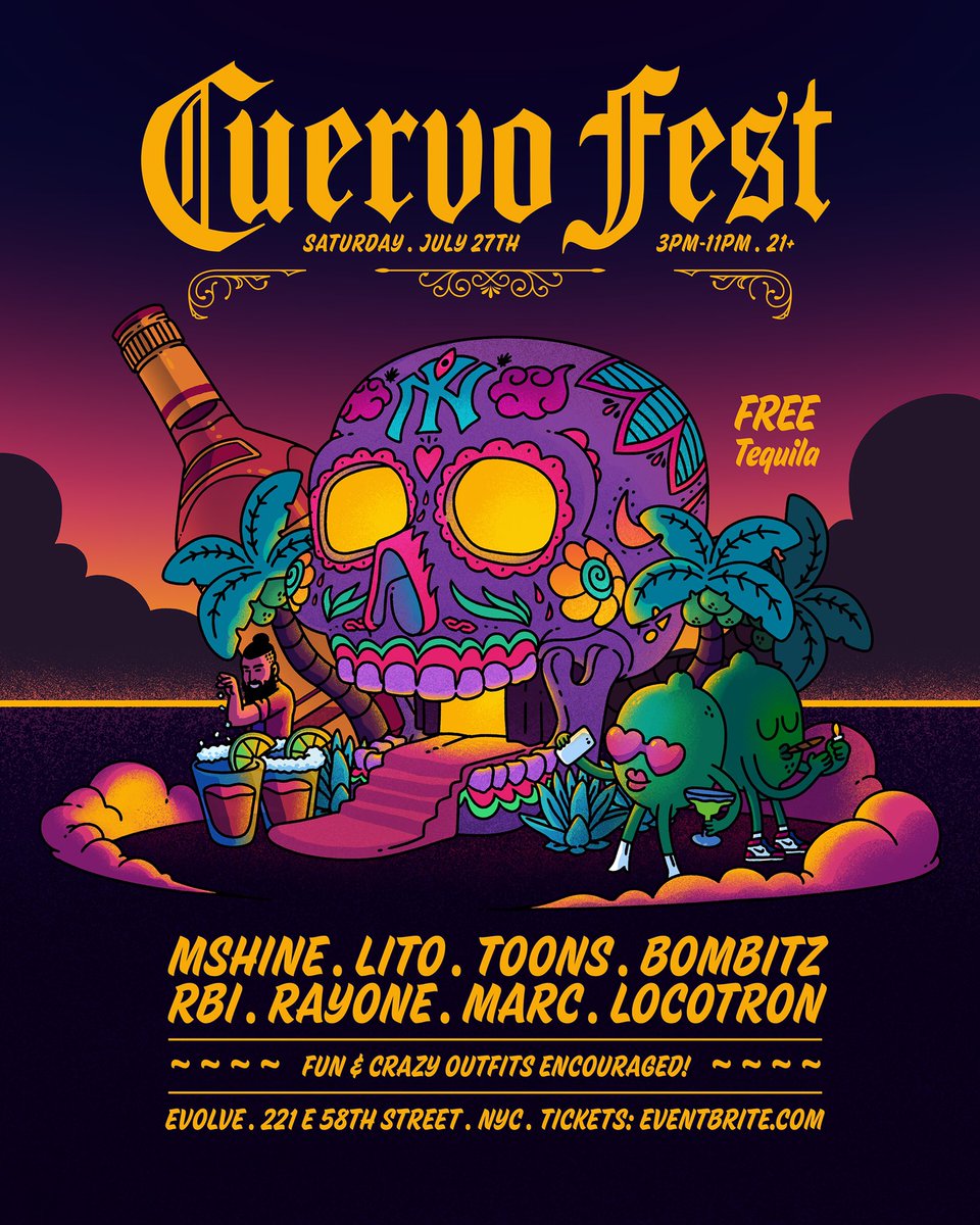 CuervoFestNYC's tweet photo. 🌴🥃 Saturday July 27th 🥃🌴
.
Cuervo Fest makes it’s return to the heart of Manhattan!🗽2 rooms, a back patio, &amp; even more free tequila 💀🍍
.
Fun &amp; crazy outfits encouraged 👽🤖
.
Early bird tickets available till June 22nd, Link in bio 😎 #cuervofest https://t.co/VmDwhQjZNW