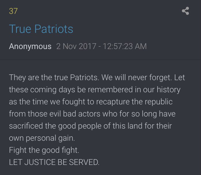 President Trump’s Tweets!!3. 12:37:52 EST [23] @realDonaldTrump They are the true Patriots. We will never forget. Let these coming days be remembered...as the time we fought to recapture the republic from those evil bad actorsFight the good fight.LET JUSTICE BE SERVED.