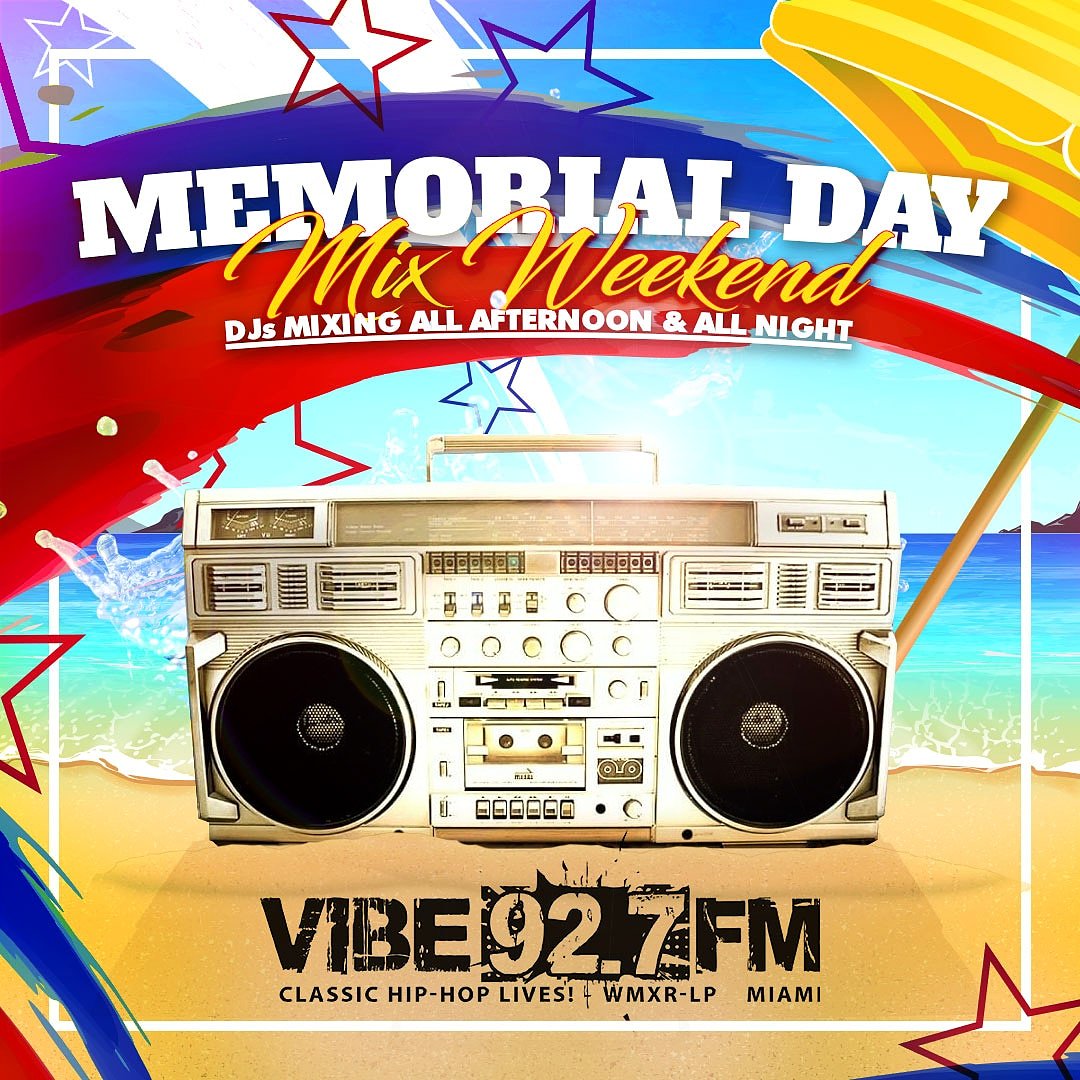 vibe927miami's tweet photo. DON'T FORGET! #MemorialDayMixWeekend continues on @vibe927miami with more than a dozen DJs playing your favorite classics all holiday weekend! Listen live on 92.7 FM in #Miami or on @tunein worldwide! #MemorialDayMixWeekend #MemorialMixweekend2019 #ClassicHipHop #DadeCounty https://t.co/wluGULIpv5